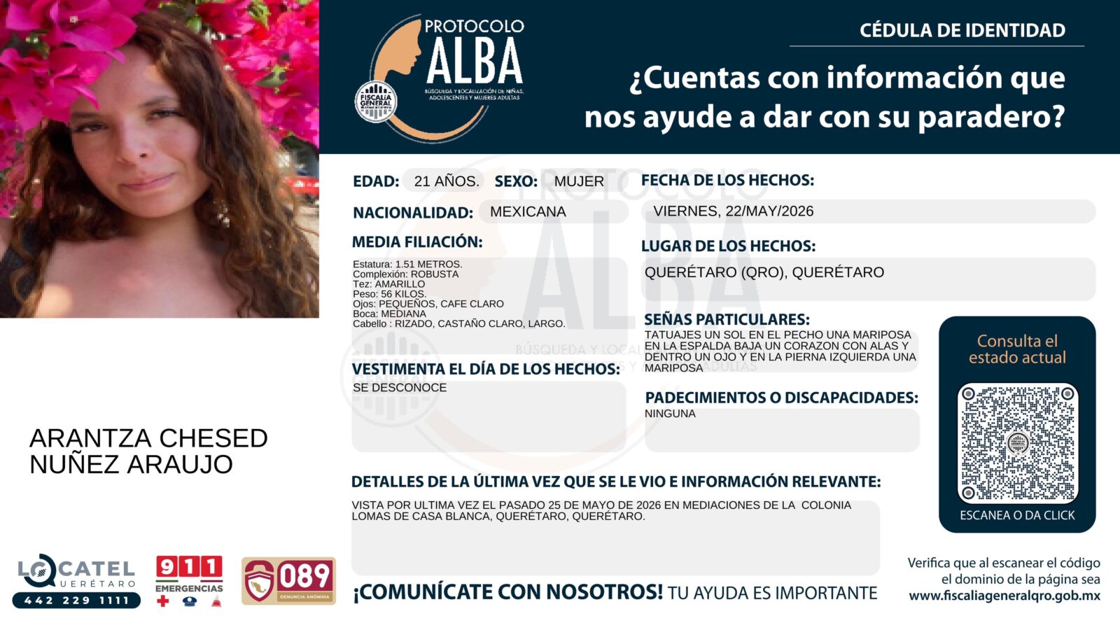 BUSCAN A ARANTZA ESTUDIANTE DE LA UAQ
